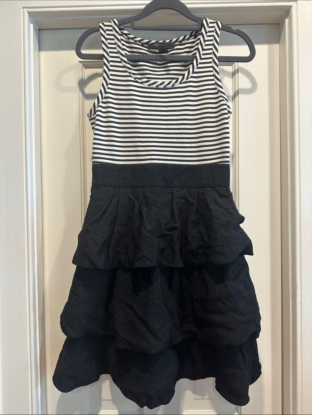 BCBGMaxAzria Black and White Striped Tiered Midi Dress